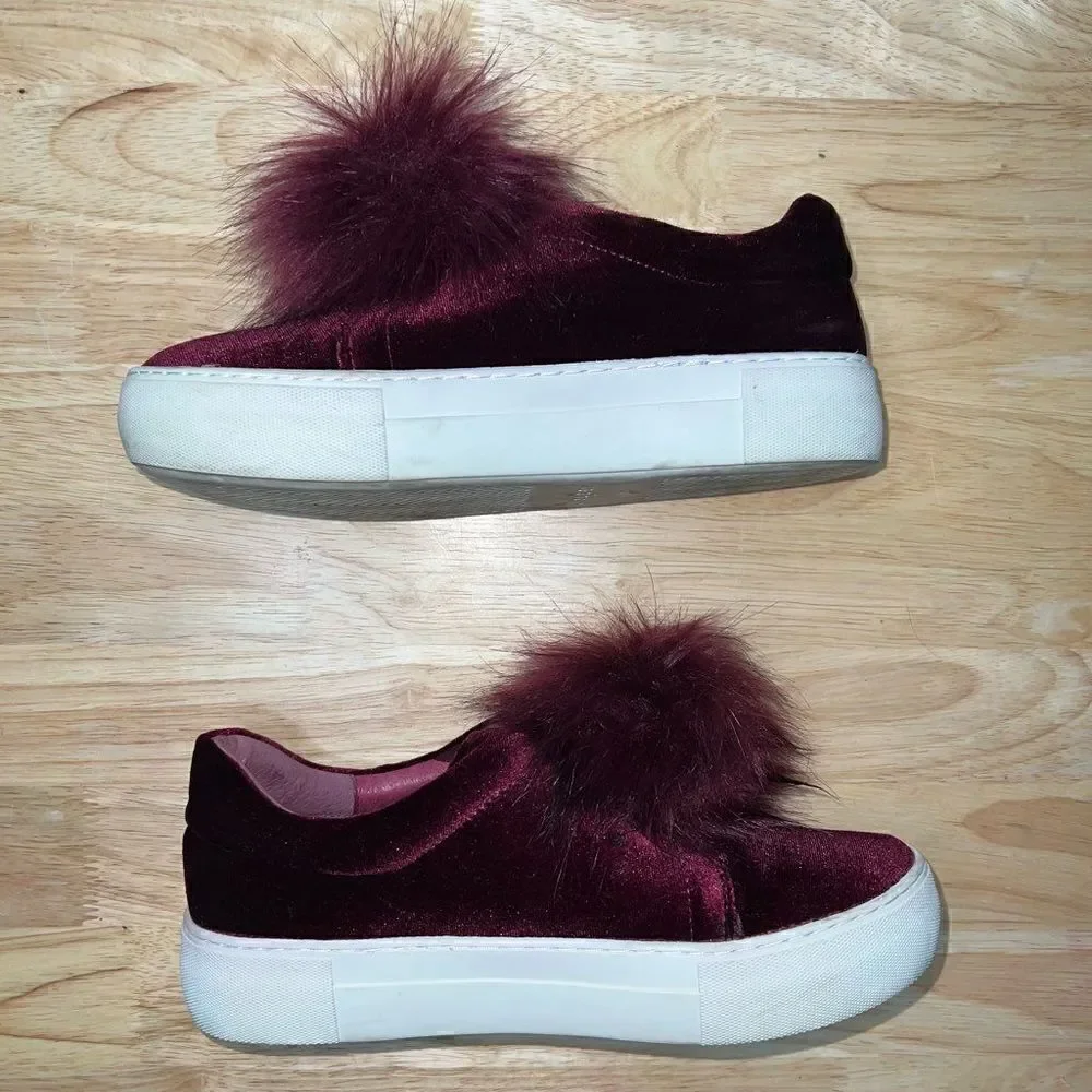 J/SLIDES, Cranberry Velvet Platform Sneakers Pom Pom Accent, Women’s 6.5